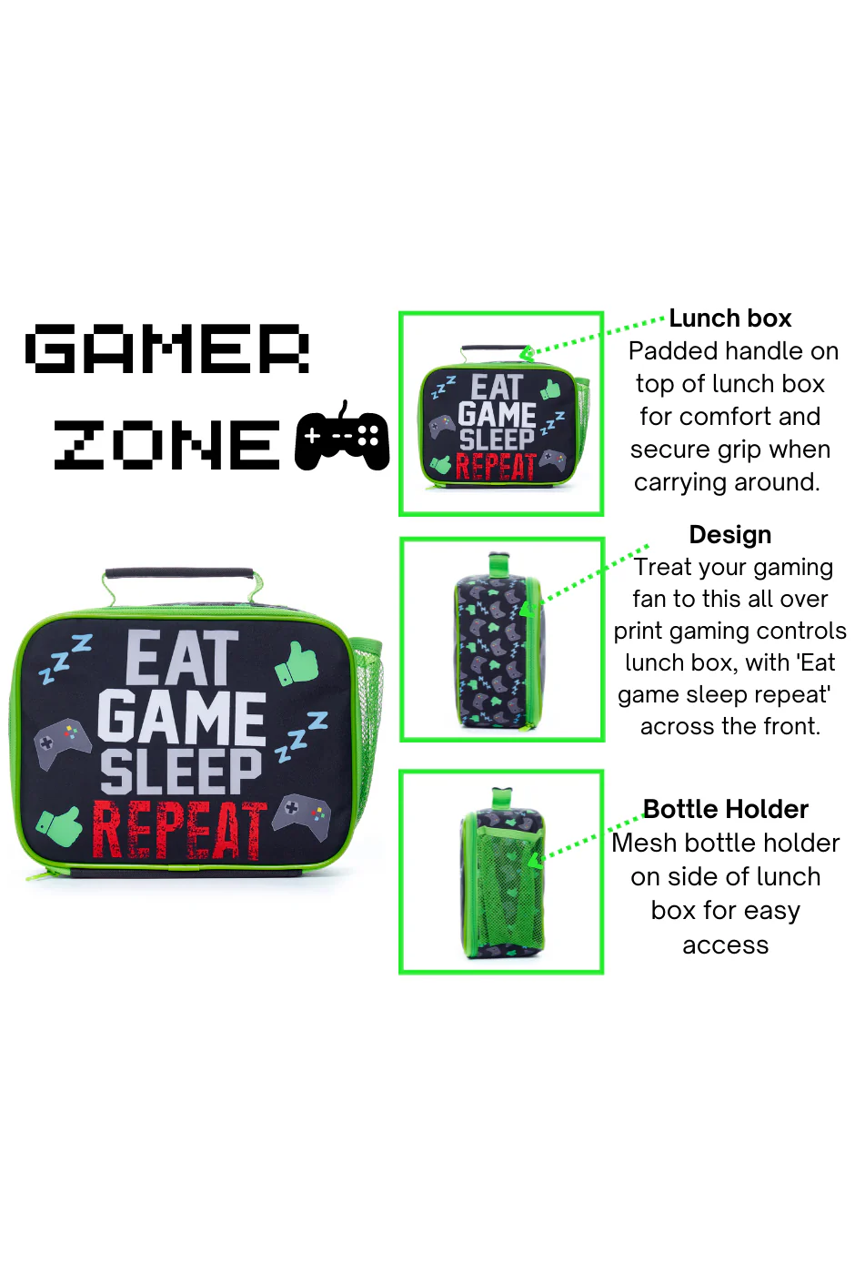Kids Eat Game Sleep Repeat Lunch Bag Gamer Lunchbox - Image 6