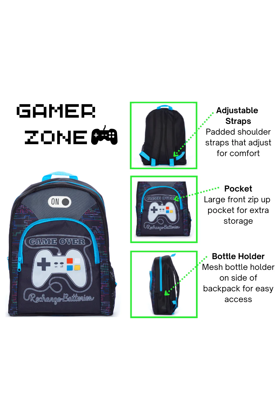 Kids Game Over Recharge Batteries Gamer Backpack - Image 6
